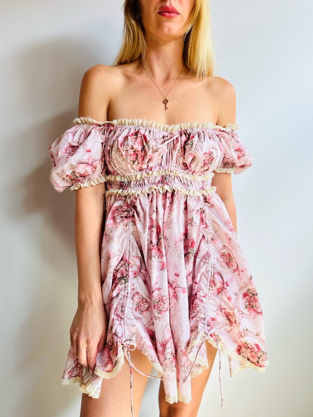 Selkie Pink Floral Puff Sleeve Mini Dress Lace Cottagecore Romantic Prairie Boho